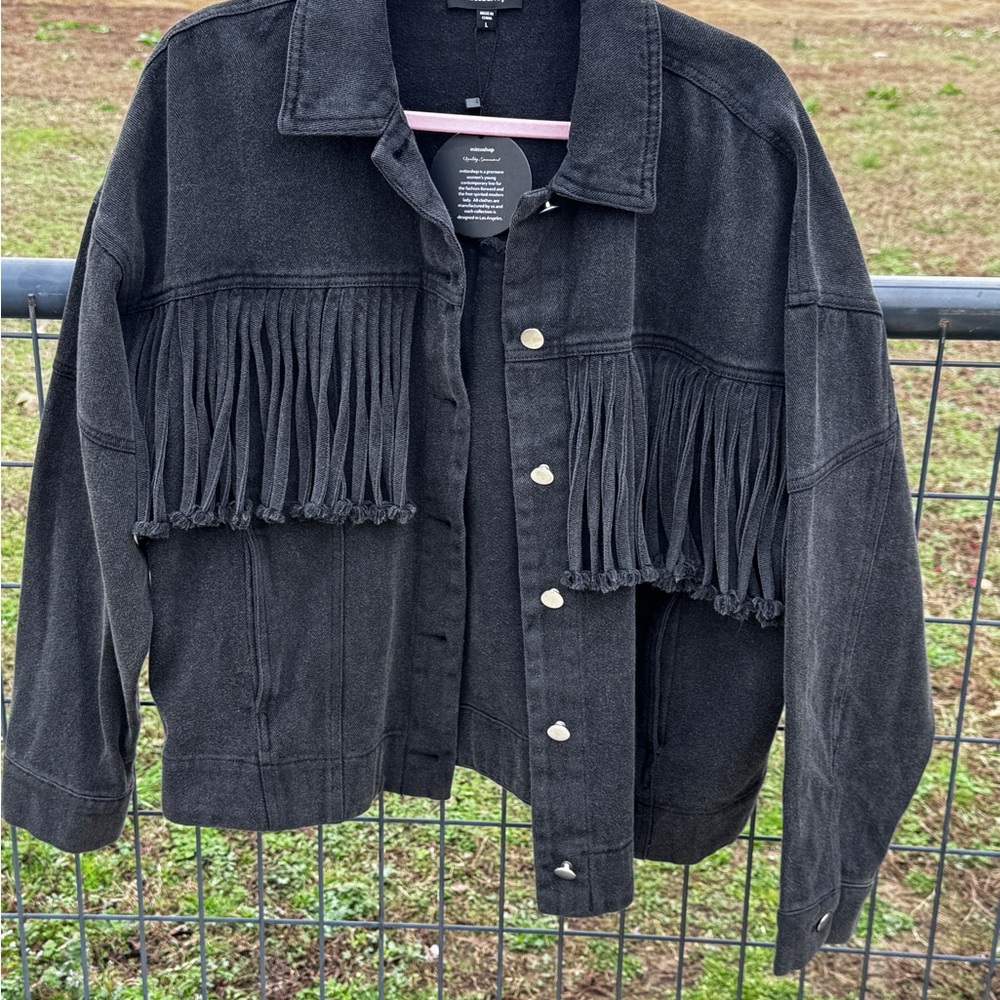 Mittoshop Black Fringe Denim Jacket NWT Rayon Button Front Western